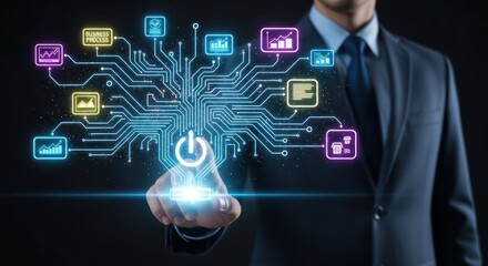 Businessman activating digital interface with business data visualizations and network connections