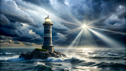 Hopeful lighthouse beams through stormy seas, guiding light breaks through clouds