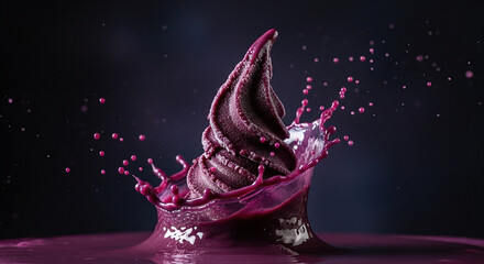 Splash of purple acai frozen yogurt in motion on dark background.