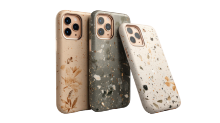 Three eco friendly phone cases with speckled patterns isolated on transparent background