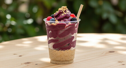 Acai smoothie with layers, granola, and berries in plastic cup on wooden table.