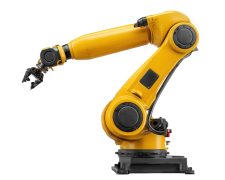 Yellow industrial robot arm for manufacturing and automation. This powerful machinery represents modern technology, engineering, and future of factory production