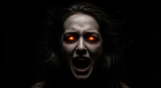 Intense portrait of a distraught woman with glowing eyes capturing deep fear and desperation