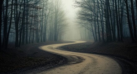 Serpentine road vanishing into ethereal fog through bare tree-lined forest landscape