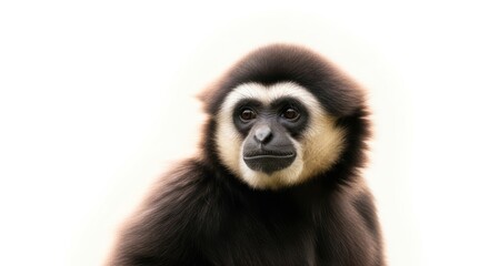 Close-up portrait of a majestic white-handed gibbon against a clean white backdrop evoking