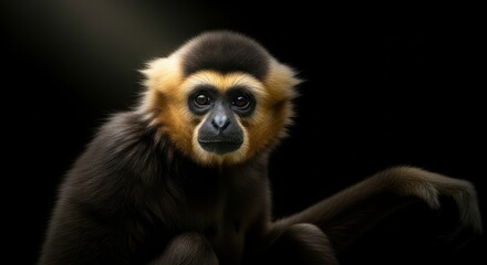 Obraz premium Captivating closeup portrait of a Lar Gibbon against a stark black backdrop showcasing its