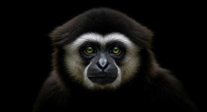 Intense portrait of a silvery gibbon against a stark black backdrop showcasing its distinctive face