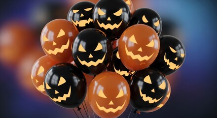 Festive black and orange Halloween balloons with spooky jack-o'-lantern faces floating playfully
