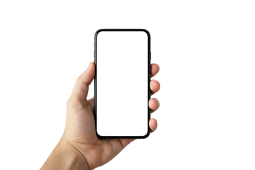 Modern smart phone in hand, Thin edges od smartphone without a camera isolated on transparent cutout background, cut out, png