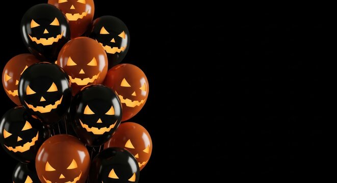Spooky balloon faces against inky black backdrop create halloween atmosphere - Powered by Adobe