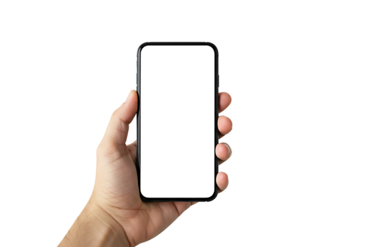 Modern smart phone in hand, Thin edges od smartphone without a camera isolated on transparent cutout background, cut out, png