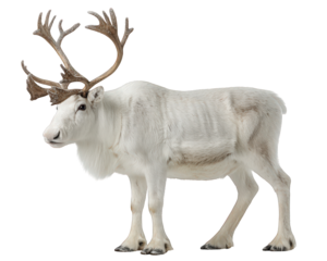 Majestic white arctic reindeer animal, isolated for Christmas or winter themes. This caribou stands proud against transparent background, perfect for holiday snow designs