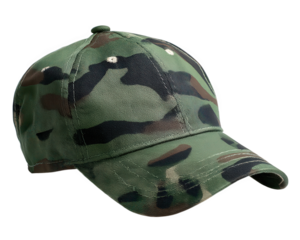 Side view of military camouflage army baseball cap with classic camo pattern. Green and brown combat hat object, rugged accessory isolated on plain transparency background