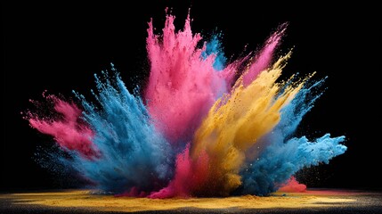 Colorful Powder Explosion on Black Background: Pink, Blue, and Yellow Hues
