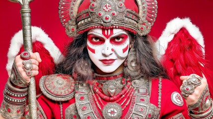 Obraz premium Fiery Goddess: An Intense Gaze in Crimson and White, Adorned in Battle Regalia