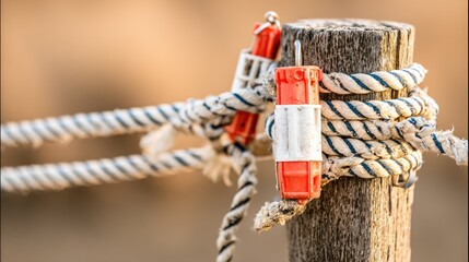 Close-up of two pieces of rope tied around a wooden post