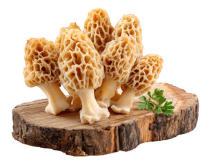 Fresh bunch of rare morel mushroom on wooden log slice. This raw edible fungi delicacy inspires culinary delight, perfect for gourmet food and healthy organic cooking