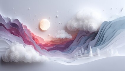 Layered paper mountains, clouds, and moon