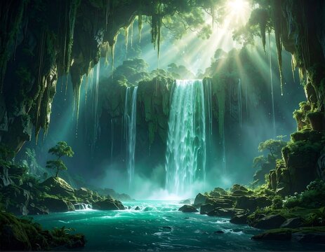Lush cave waterfall scene