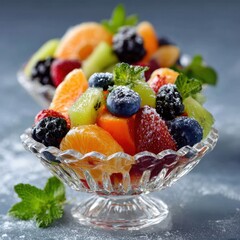 Crystal Bowl of Fresh Fruit Salad with Powdered Sugar and Mint