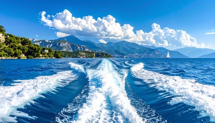 A vibrant seascape reveals a boat's wake against a backdrop of mountains and a clear sky, showcasing the turquoise water and white foam.