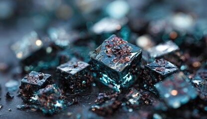 Close-up of teal-colored,  faceted cubes with dark inclusions