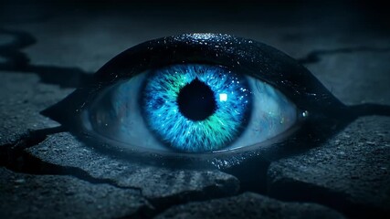 Close-up of a Mesmerizing Blue and Green Human Eye Embedded in Dark Cracked Ground