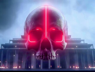 Sci-Fi Neon Skull: Glowing Red Eyes Over a Mysterious Temple Structure