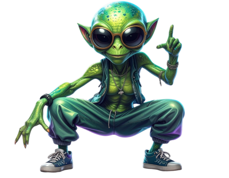  Funky Green Alien Breakdancing in Sunglasses – Generative AI PNG