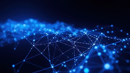 Futuristic network of glowing blue particles forming abstract data visualization on dark background.