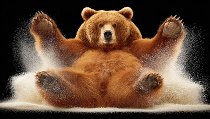 Brown bear leaping, paws outstretched, sand erupting