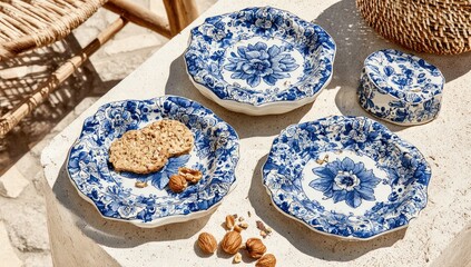 Three patterned serving plates, a small lidded bowl, and snacks on a light-colored table outdoors