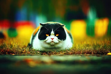 Close-up of a large, multi-colored cat, sitting in grass, with intense gaze