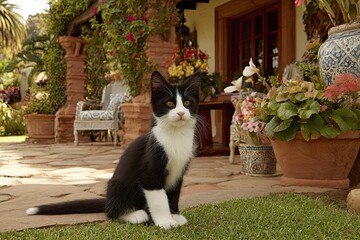 Black and white kitten sits outdoors on patio