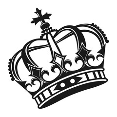 Fototapeta premium Black and white vector art of a royal crown with geometric patterns and a cross royalty king