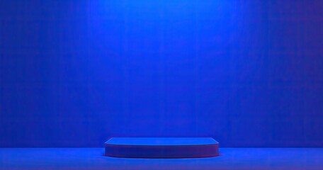 Empty, circular, purple-toned podium on a vibrant blue backdrop, lit by a spotlight