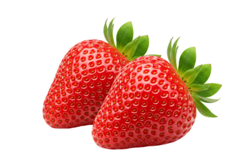 Two fresh ripe red strawberries with green leaves isolated on transparent cutout background, cut out, png
