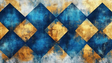 Blue & Gold Diamond-Patterned Vintage Watercolor Background: Distressed Grunge Texture + Abstract Shapes for Design/Decor