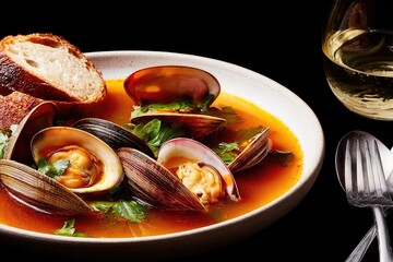 Close-up of a seafood stew with clams, herbs, and bread