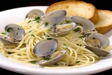 Plate of spaghetti with clams and toasted bread