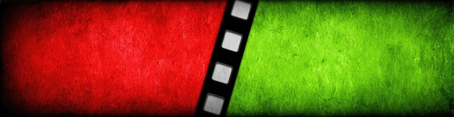 Fototapeta premium Red and green textured background with film strip divider