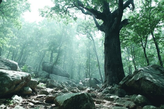 Misty forest path with large tree