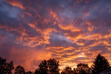 Dramatic sunset sky with fiery orange clouds over silhouetted trees
