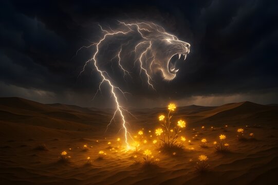 Surreal Desert Storm with Lion Lightning and Golden Blossoms