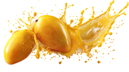 Two mangoes splashing into orange liquid isolated on transparent background.