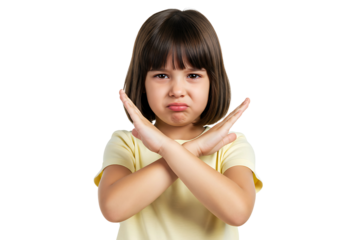 Stop gesture. Child protest. Offer rejection. No answer. Disturbed young girl showing X sign crossing arms looking at camera isolated on transparent cutout background, cut out, png