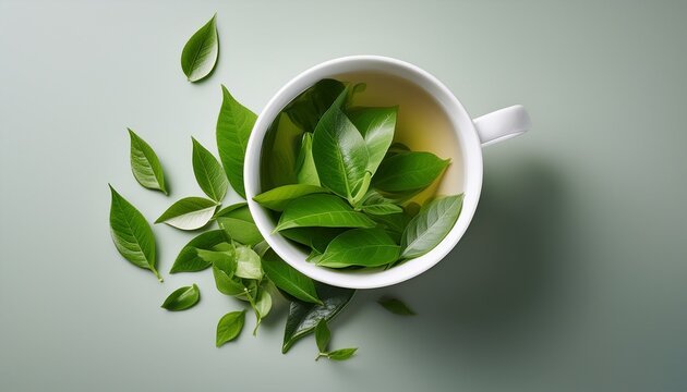 White Cup Overflowing With Fresh Green Tea Leaves On A Plain Background