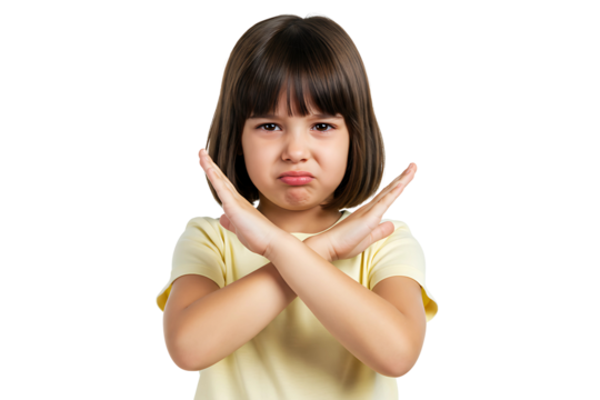 Stop gesture. Child protest. Offer rejection. No answer. Disturbed young girl showing X sign crossing arms looking at camera isolated on transparent cutout background, cut out, png