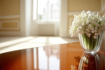 A small bouquet of white lilies in a clear glass vase on a polished wooden table, bathed in sunlight, in a light-filled room with a large window