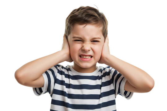 Frustrated Boy Covering Ears with Hands isolated on transparent cutout background, cut out, png